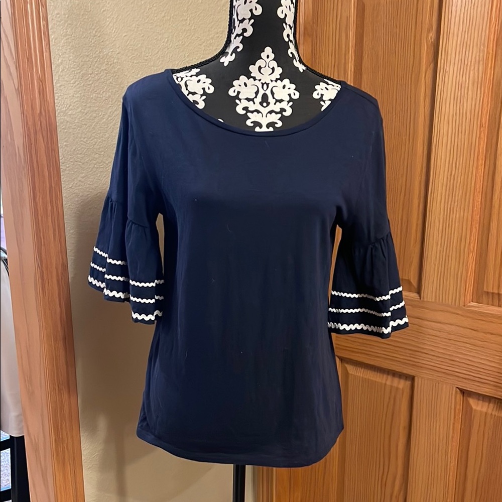 Navy Blue Women's Top with Ruffled Sleeves